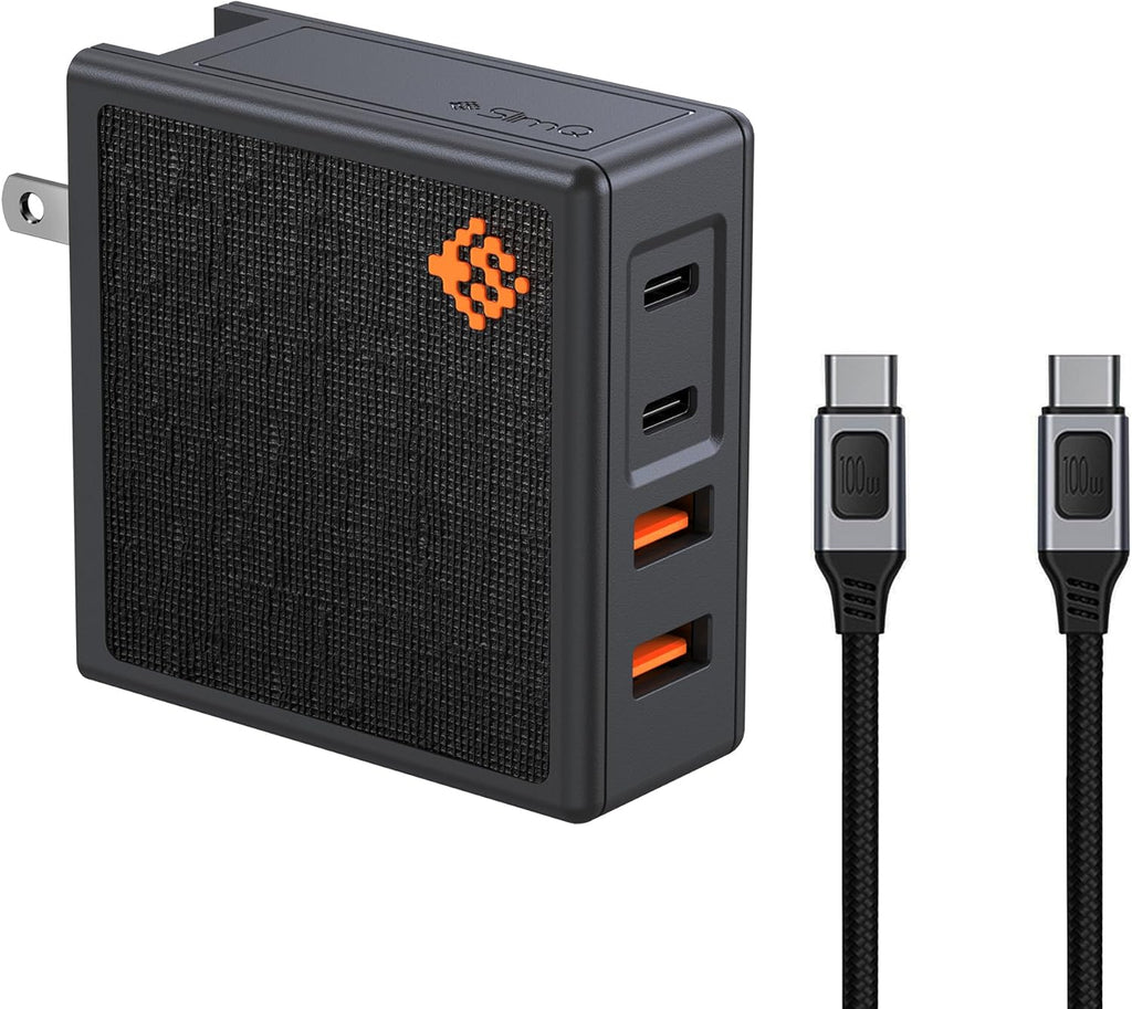 𝐒𝐥𝐢𝐦𝐐 GAN USB C Charger: 100W,96W,87W,85W,67W AC Adapter - 4 Port Fast Compact PD Wall Block - Type-C High Speed Charging Station - Travel Adapter for MacBook,Surface,Lenovo(+ 100W USB-C Cable)