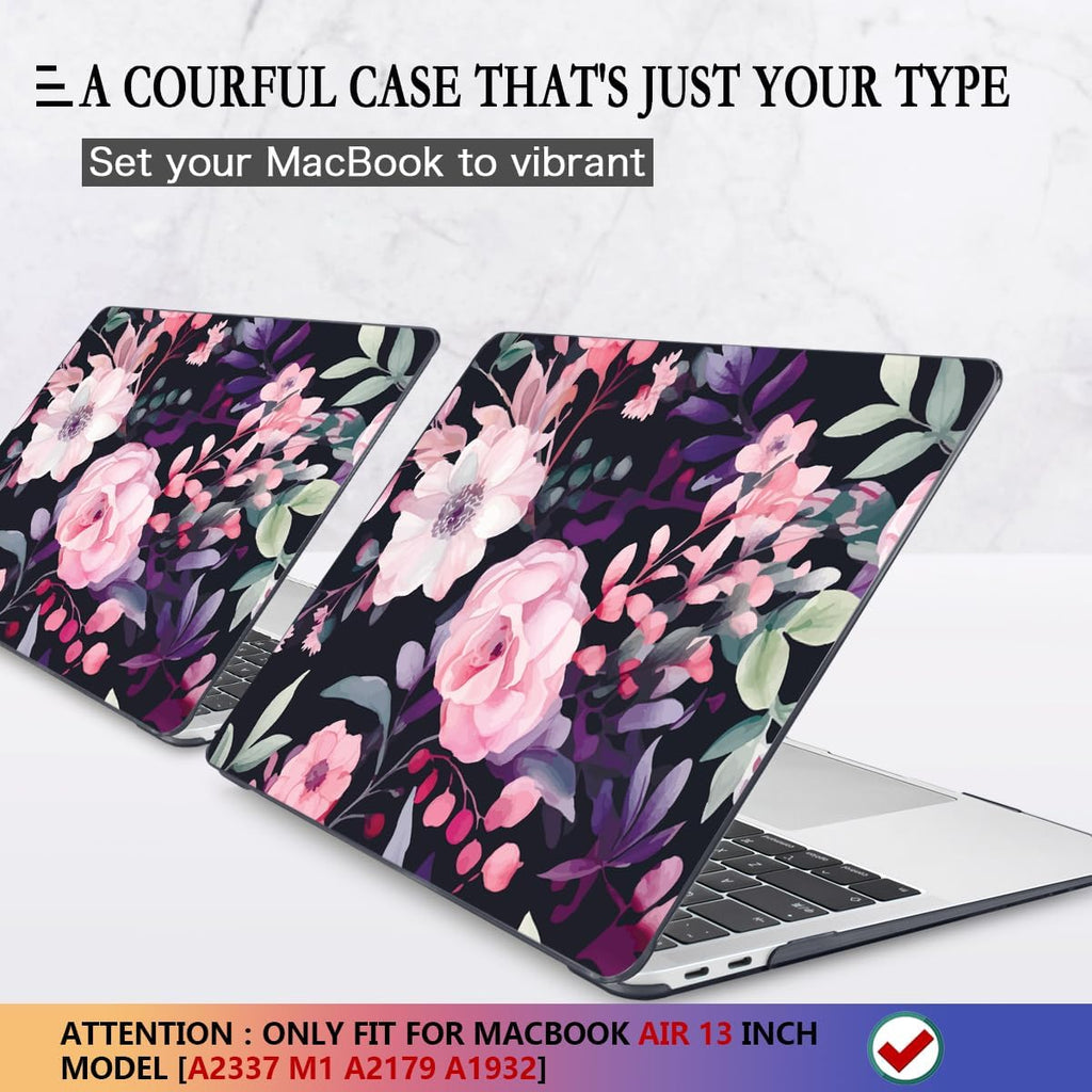 CISSOOK Compatible with MacBook Air 13 inch Case M1 2021 2020-2018 Release Model A2337 A2179 A1932, Flower Plastic Hard Shell Case Black Cover for MacBook Air 13 inch with Touch ID- Pink Flowers