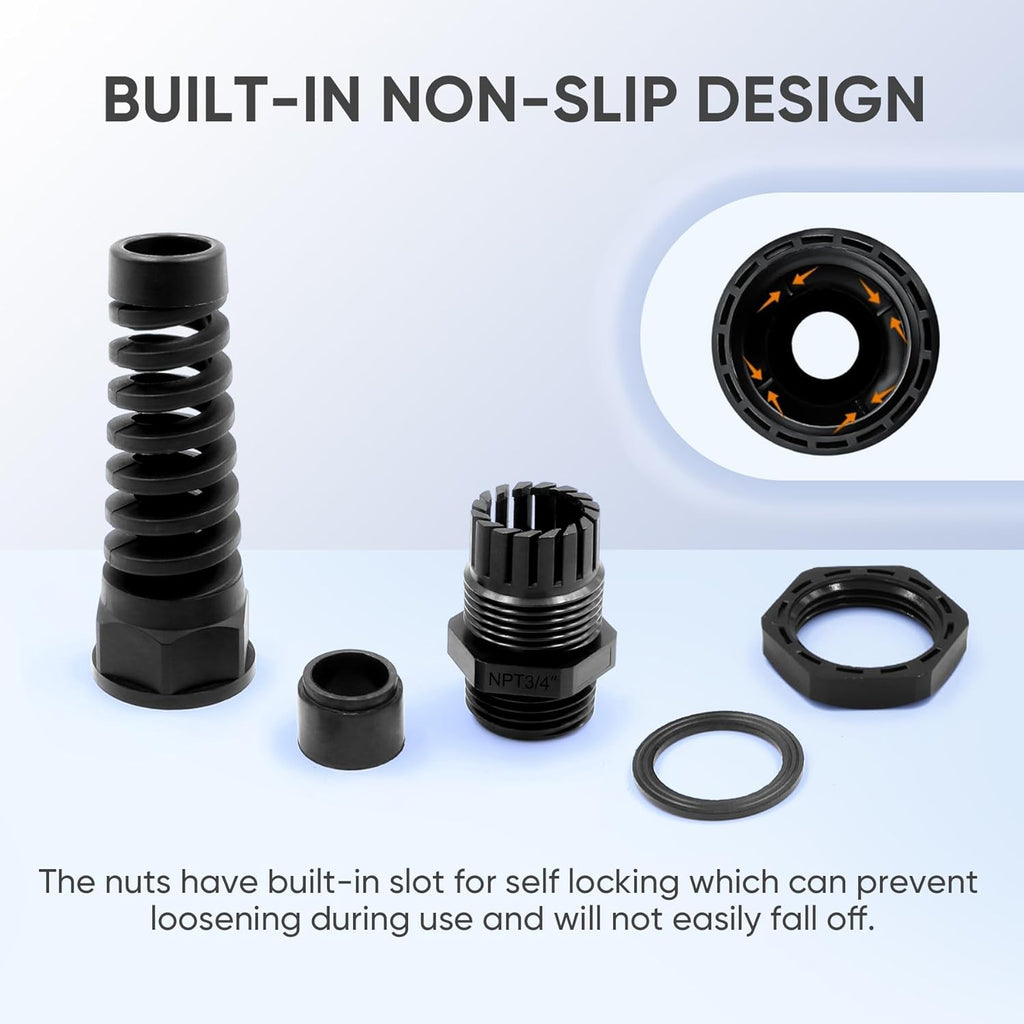Strain Relief Cord Connector,LISTENJIALE 5Pcs NPT 3/4" Waterproof Cable Gland Flex Spiral Strain Relief Adjustable 12.5-18mm Cable Connector Nylon Joint with Gaskets(Black)