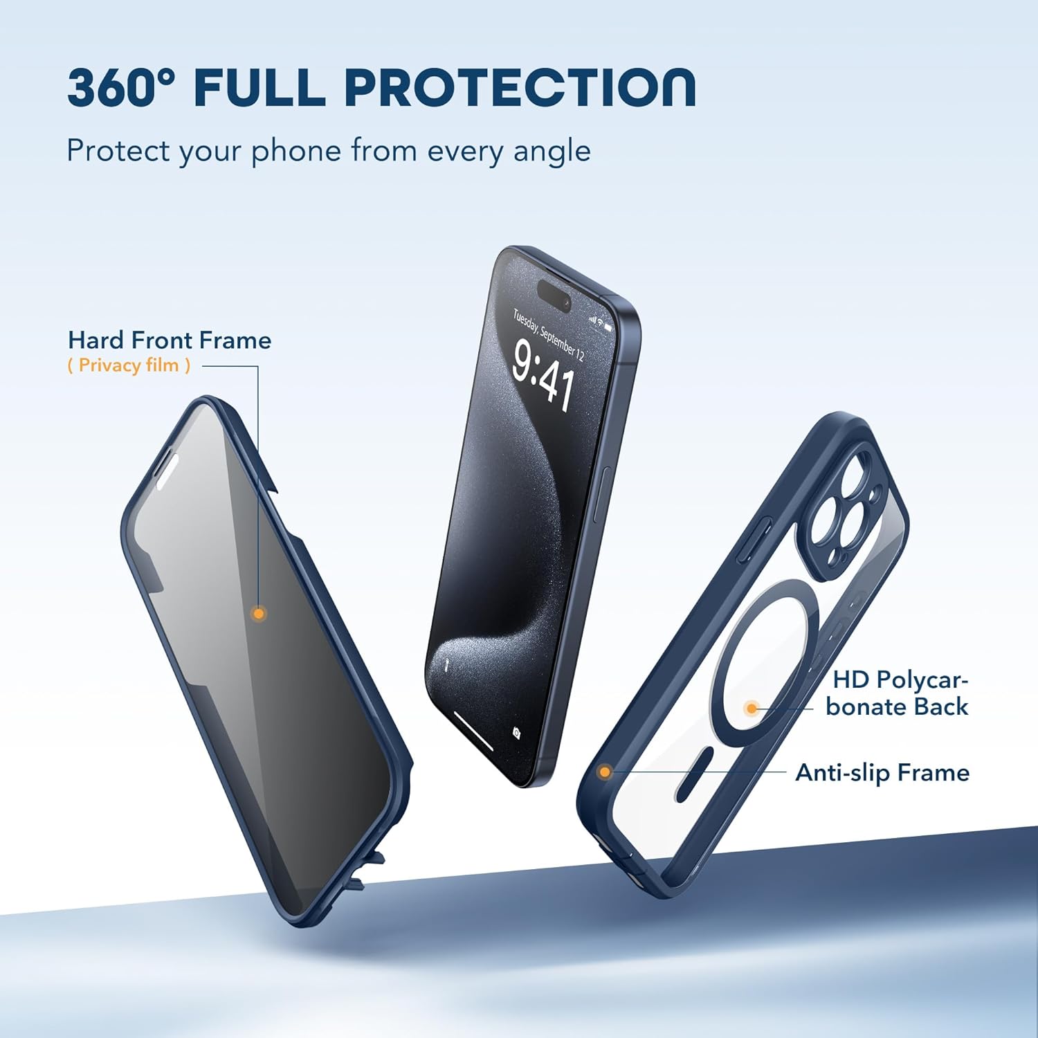 Magnetic for iPhone 15 Pro Case, Compatible with MagSafe, Built-in Privacy Screen Protector and Camera Protection, Anti Spy Full Body Dustproof Shockproof Hard Phone Case 6.1", Dark Blue