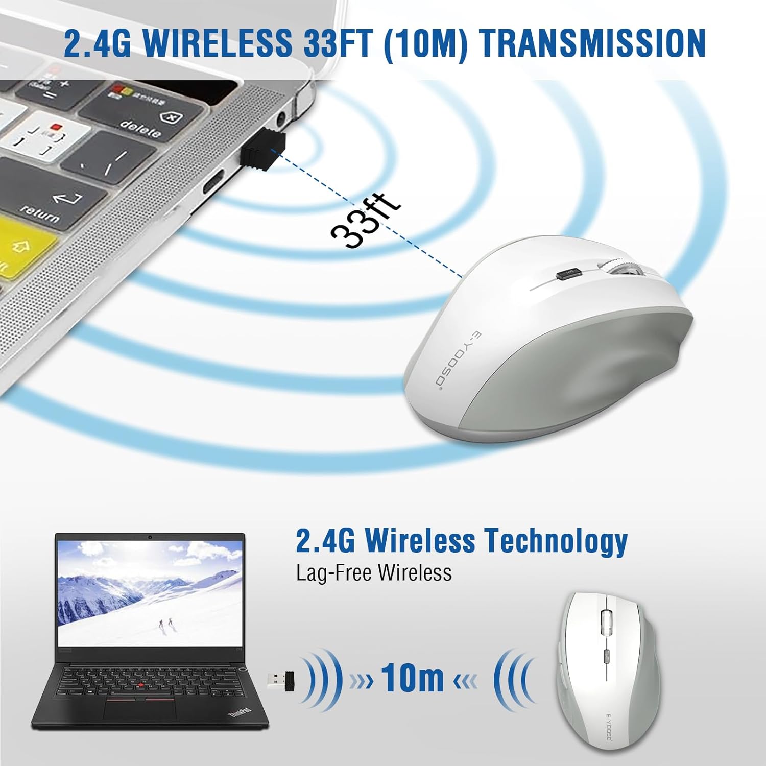 E-YOOSO Wireless Mouse for Laptop, Portable Optical Computer Mouse, 6 Buttons, Cordless 2.4GHz with USB Receiver, 5-Level 4800 DPI, 18 Months Battery Life, for PC, Chromebook, Windows, Mac(White Gray)