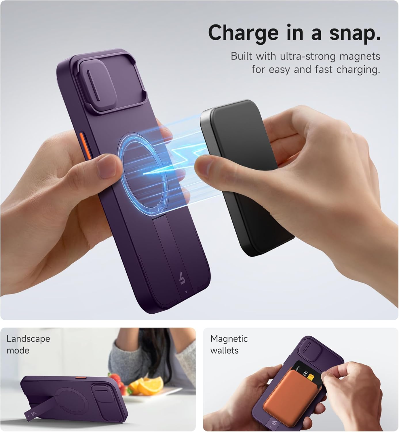 SURITCH for iPhone 14 Plus/15 Plus Case with Magnetic Camera Slide Cover and Adjustable Kickstand, Compatible with MagSafe, Shockproof Bumper Case Slim Protective Cover 6.7 Inch, Dark Purple
