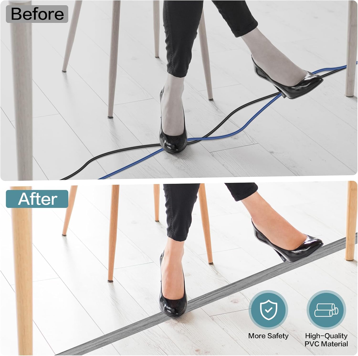 Floor Cord Cover Self Adhesive Cord Hider Floor Extension Cord Covers for Floor Power Cord Protector Cable Management Prevent Cable Trips Cable Cavity 0.51" W x 0.31" H (Light Grey Wood, 20Ft)