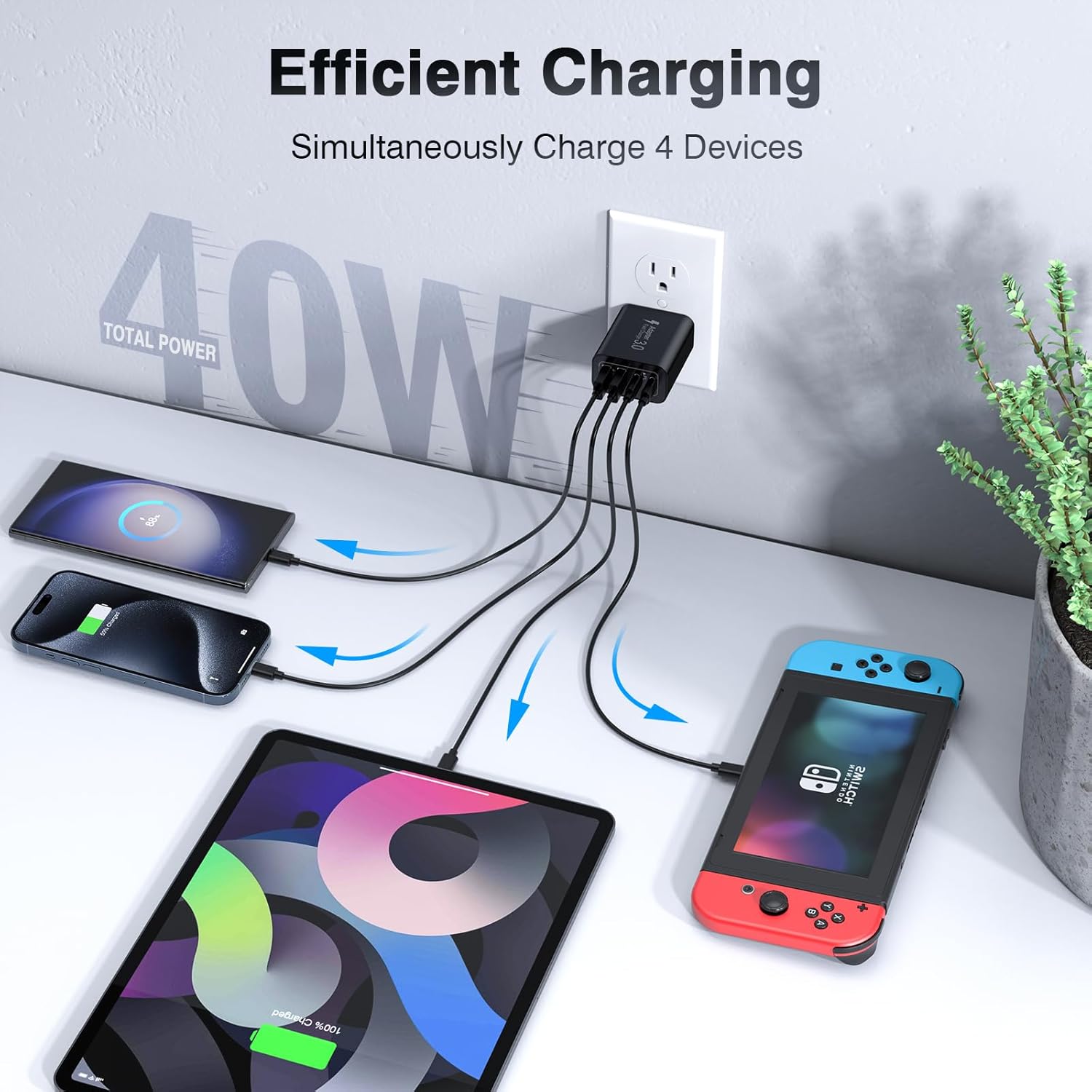 [2 Pack/40W] 4-Port USB C Wall Charger Block, Fast Type C Power Brick Charging Cube Power Delivery Wall Plug for iPhone 15/14/13/12/14 Pro/13 Pro, Huawei, Xiaomi, Oneplus, Galaxy(Black)