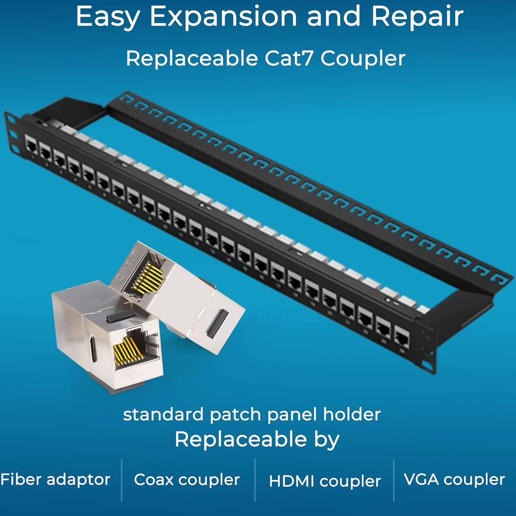 Rapink Patch Panel 24 Port Cat7 with Inline Keystone 10G Support, Coupler Patch Panel STP Shielded 19-Inch with Removable Back Bar, 1U Network Panel for Cat7, Cat6, Cat6A, Cat5e,