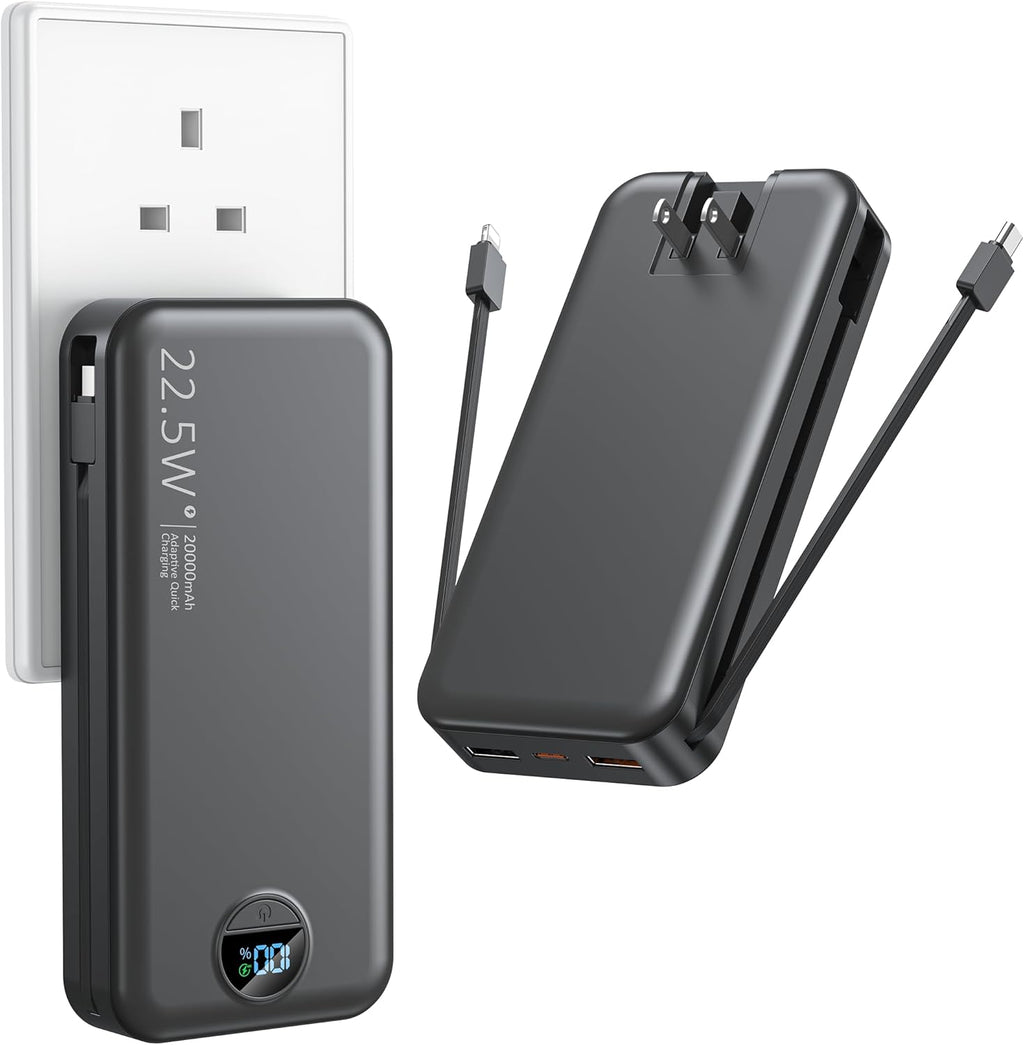 Portable Charger with Wall Plug, 20000mAh USB C Power Bank Fast Charging, External Battery Pack with Built in Cables, Digital Display, 5 Output 2 Input for iPhone Android Cell Phone Tablet