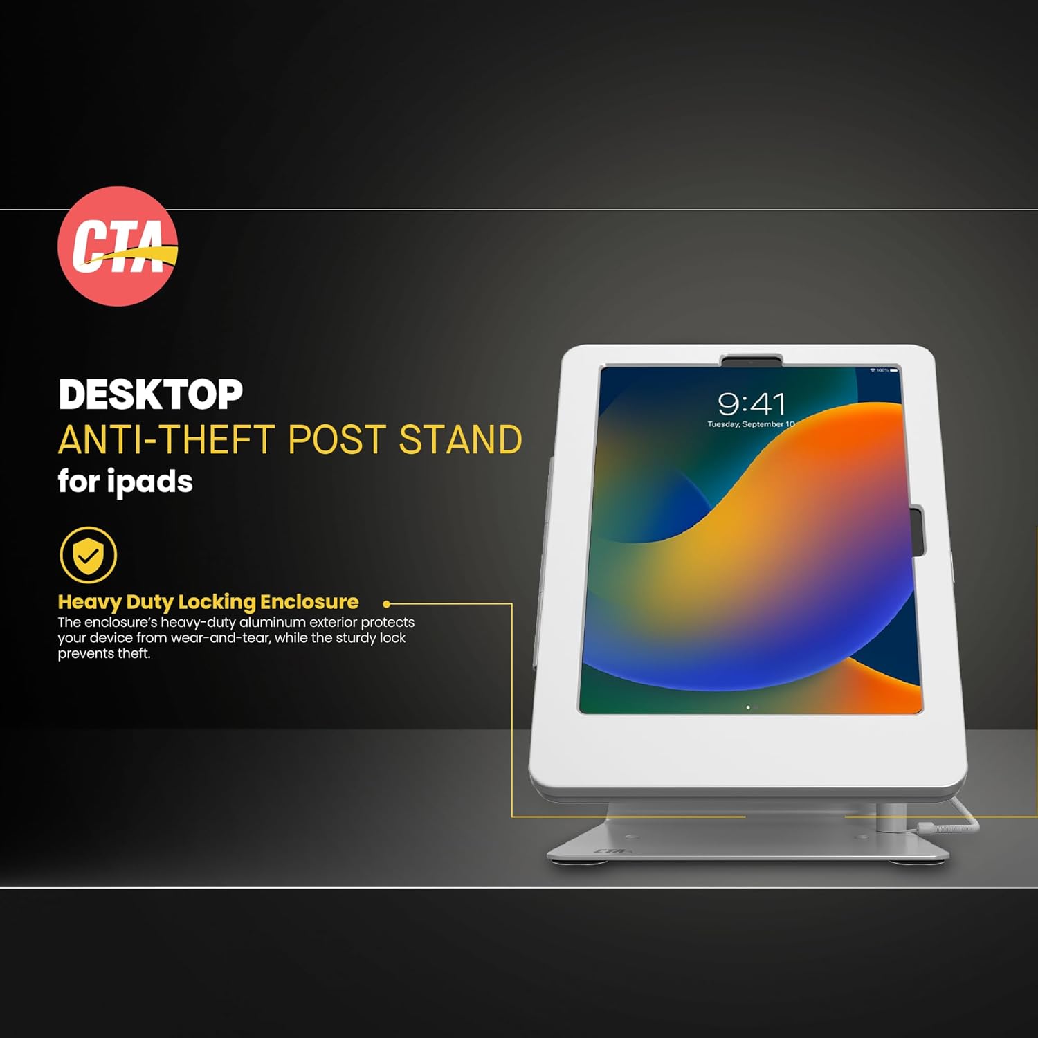Desktop Anti-Theft Stand – CTA Kiosk Stand with Stylus, Tether, and Aluminum Enclosure for iPad 11th Gen A16 11” - 10th Gen 10.9” - Air 4th & 5th Gen - 11” Pro & More - White (PAD-DASB109W)