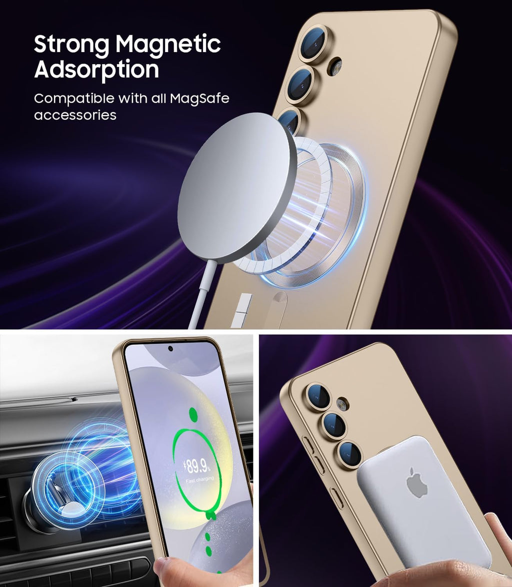 Magnetic for Samsung Galaxy S24 Plus Case [Compatible with MagSafe][Built-in Camera Lens Protector] Slim Soft Silicone Bumper Shockproof Metallic Luster Phone Case (Gold)