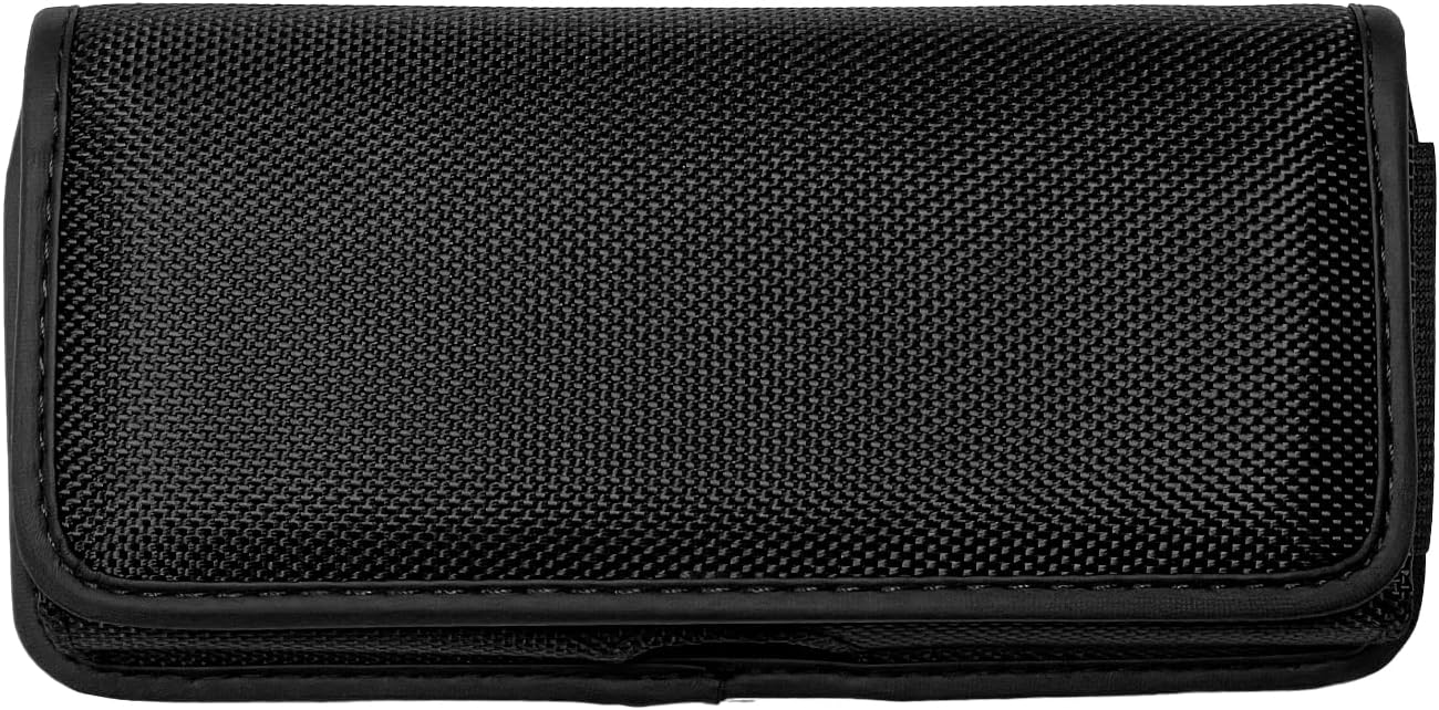 Nylon Cell Phone Holster for Samsung Galaxy A01 A10e S10 S9 S22 5G, LG K30 Phoenix 5 Aristo 5, Orbic Maui+, TCL Signa - Horizontal Case Canvas Waist Carrying Pouch with Belt Clip/Loops, Black