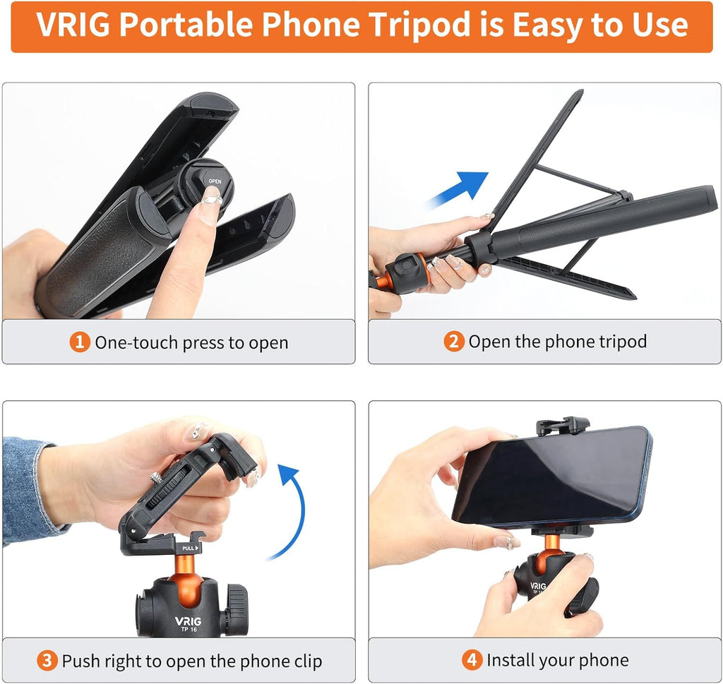 VRIG TP16 Camera Tripod, 55 inch Extendable Phone Selfie Stick Camera Tripod Stand with 2 in 1 Phone Clip, 5 Levels Adjustment 360° Ball Head Loads Up for Pocket 3 Insta360 X5 iPhone Sony Canon