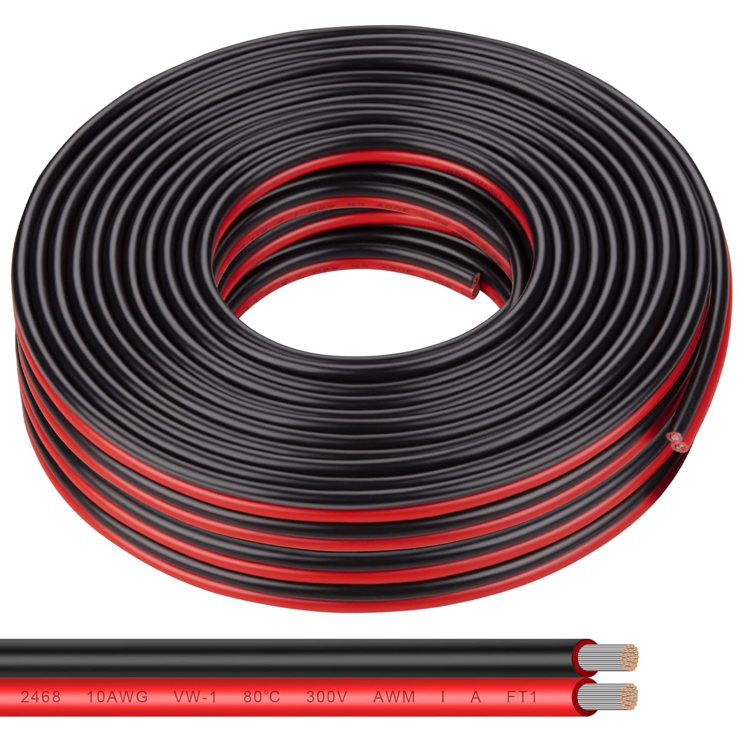 10 Gauge Wire 50FT Tinned Copper Wire - 2 Conductor Parallel Wire Insulated Stranded Wire for Solar Panel Car Audio Auto, Low Voltage Electrical Wire for LED Lighting (10AWG 50FT)