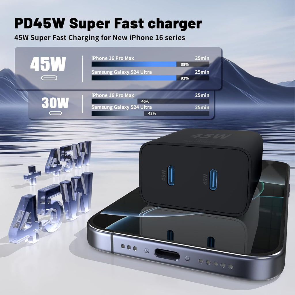 Super Fast Samsung Charger Type C,45W Dual Port USB C Fast Charger Block [2-Pack] & Extra Long 60W 3/6/10/10FT USB C Cable - PD Quick Charging 3.0 For Samsung Galaxy S25 Ultra/S24+/S23 iPhone 16