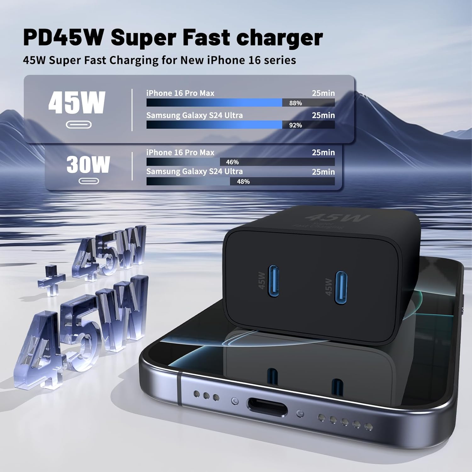 Super Fast Samsung Charger Type C,45W Dual Port USB C Fast Charger Block [2-Pack] & Extra Long 60W 3/6/10/10FT USB C Cable - PD Quick Charging 3.0 For Samsung Galaxy S25 Ultra/S24+/S23 iPhone 16