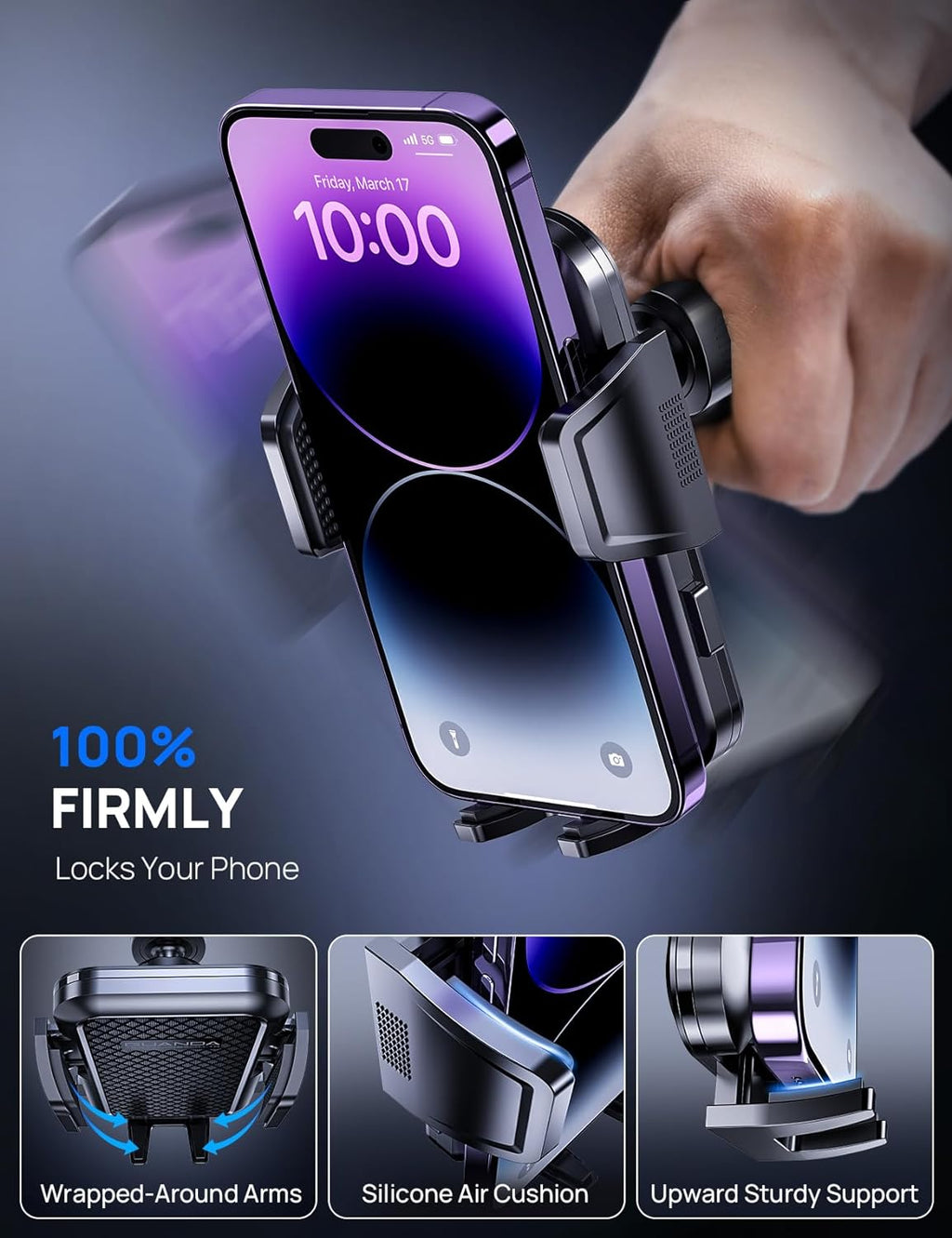 Car Phone Holder Mount for Air Vent, [Never Shake Hook Clip] 360° Adjustable Vent Clip, Compatible with Big Phones,Thick Cases, Phone Holders for Your Car–Fits iPhone, Samsung and Android