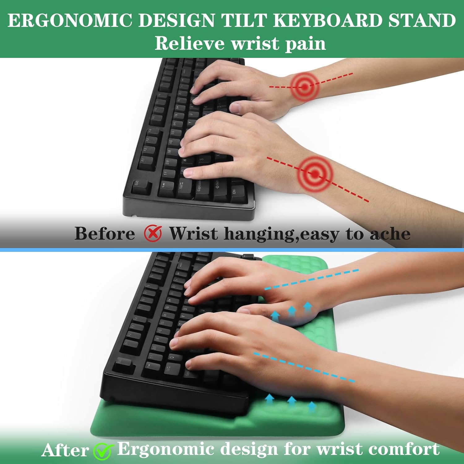 Computer Keyboard Stand Pad with Wrist Rest, Ergonomic Comfy Tilted Keyboard Stand Riser Holder Pad for Office Home (Green)