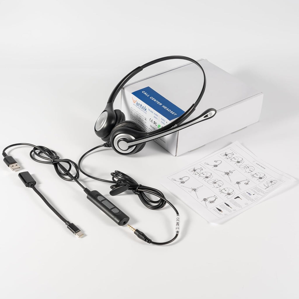 Wantek Computer Headset with Microphone for PC,Laptop,USB Headset with Noise Cancelling & Audio Controls,Computer Headphones for Call Center,Work,Ofiice,Binaural