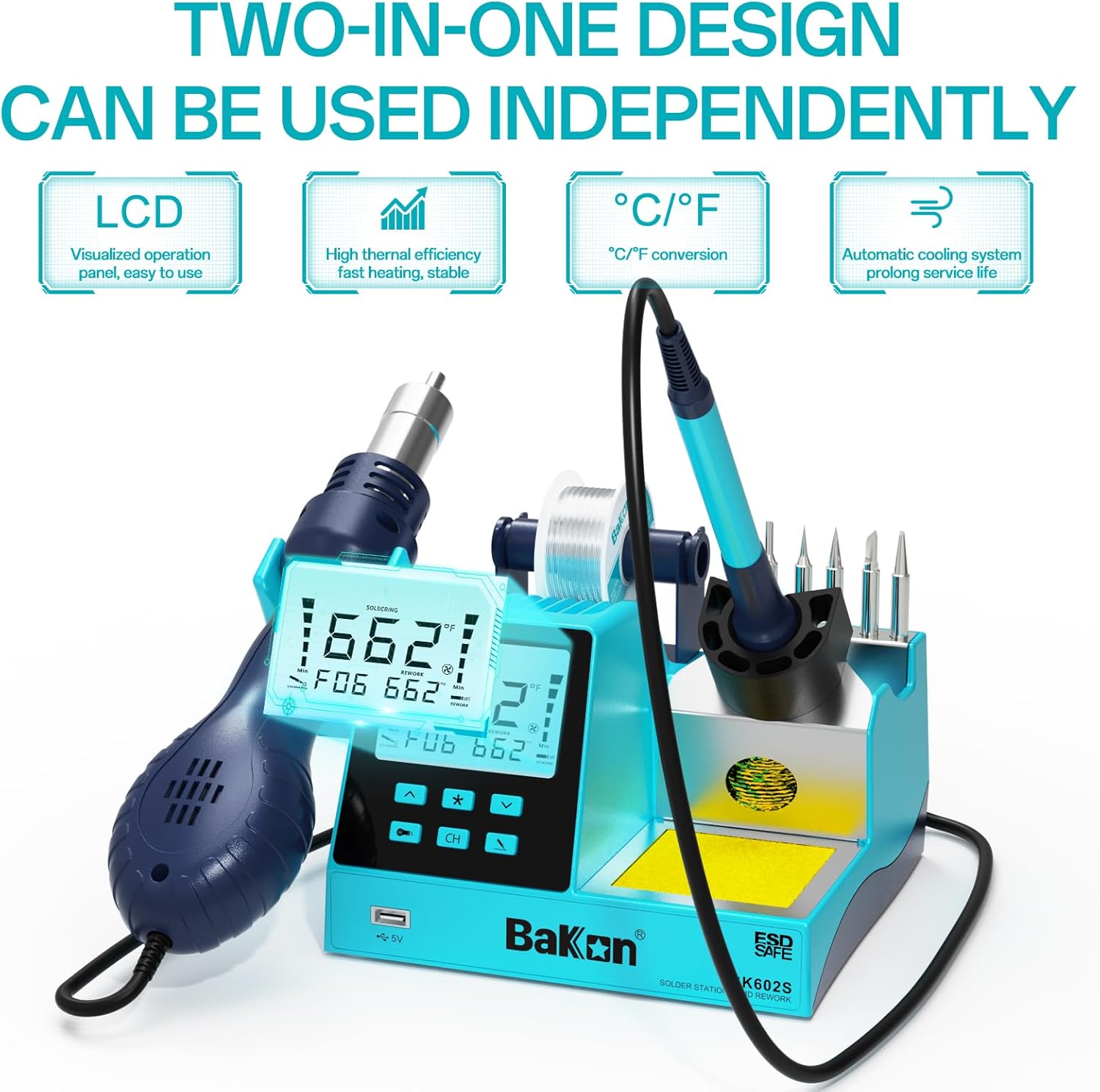 BK602S 2 in1 Soldering Iron Hot Air Rework Station,Digital Soldering Welding Iron Kit for Electronic DIY Circuit Work, Rapid Heat up Solder Station,Auto Sleep,ºC/ºF Conversion