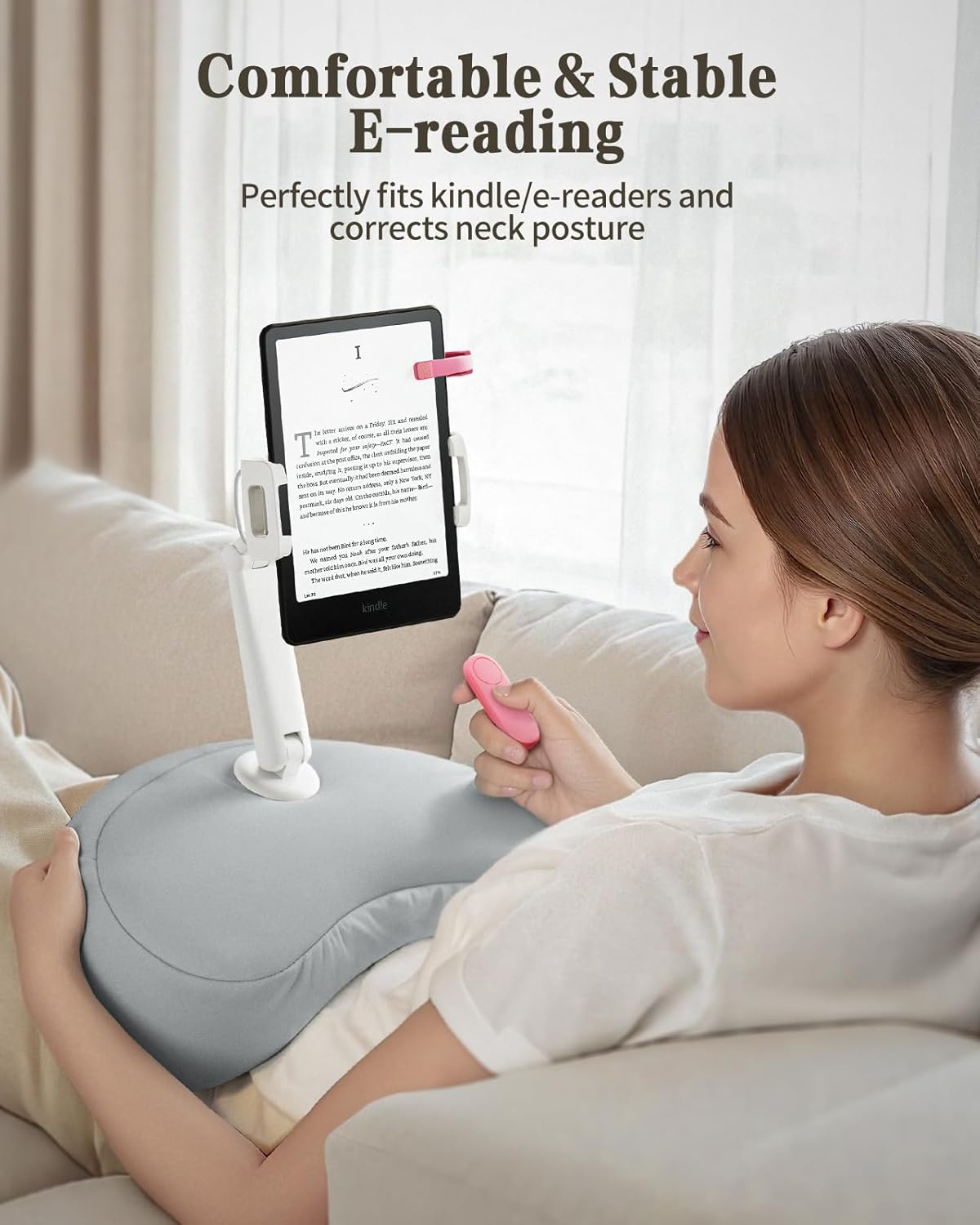 SAIJI Kindle Pillow Stand, iPad Stand Compatible with 4.7”-15.6” Kindle, Phone, iPad, 360° Adjustable Tablet Holder for Bed with Flexible Dual Axis Arm and Microbead Cushion (Gray)