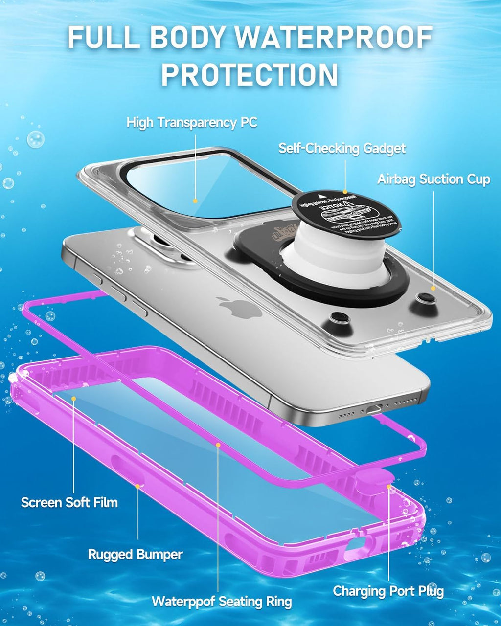 Waterproof Phone Case,IPX8 Waterproof Phone Pouch for Beach & Snorkeling Essentials,Phone Waterproof Case with Lanyard, Universal Case Up to 6.9" for iPhone,Samsung (Purple)
