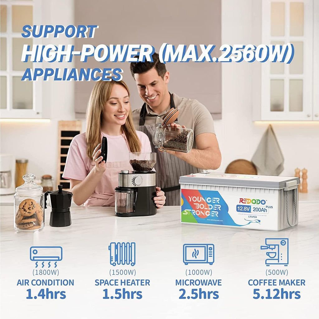 Redodo 12V 200Ah Plus Lithium Battery (Pack 4), Max 2560W Power Output, 200A BMS Protection, Up to 4000-15000 Deep Cycles,Perfect for Backup Power, RV, Marine, Off-Grid Application, etc