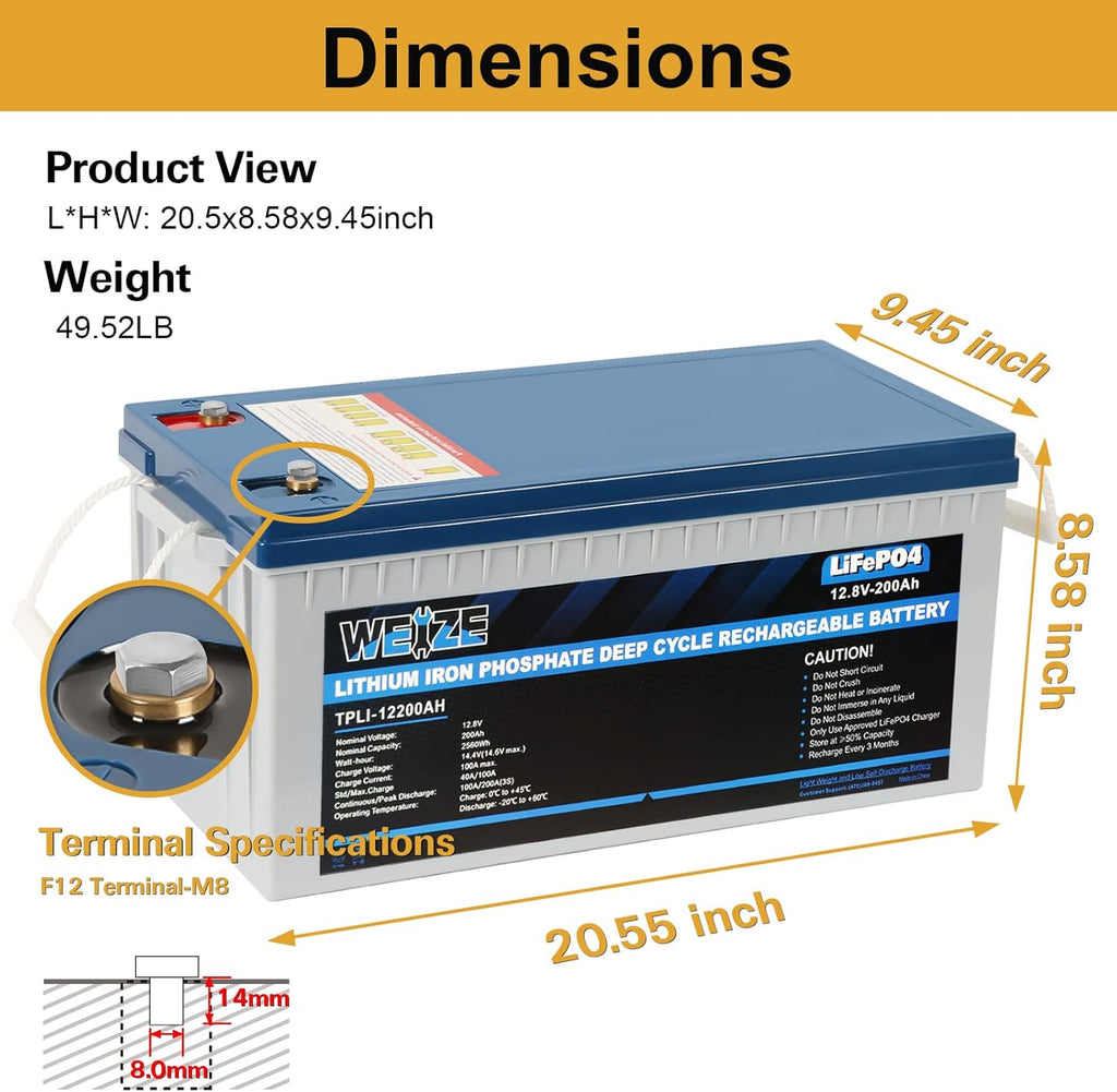Weize 12V 200Ah LiFePO4 Lithium Battery, Built-in Smart BMS, 8000+ Deep Cycles, Low Temperature Protection Rechargable Battery Perfect for RV, Solar, Marine, Overland/Van, and Off Grid Applications