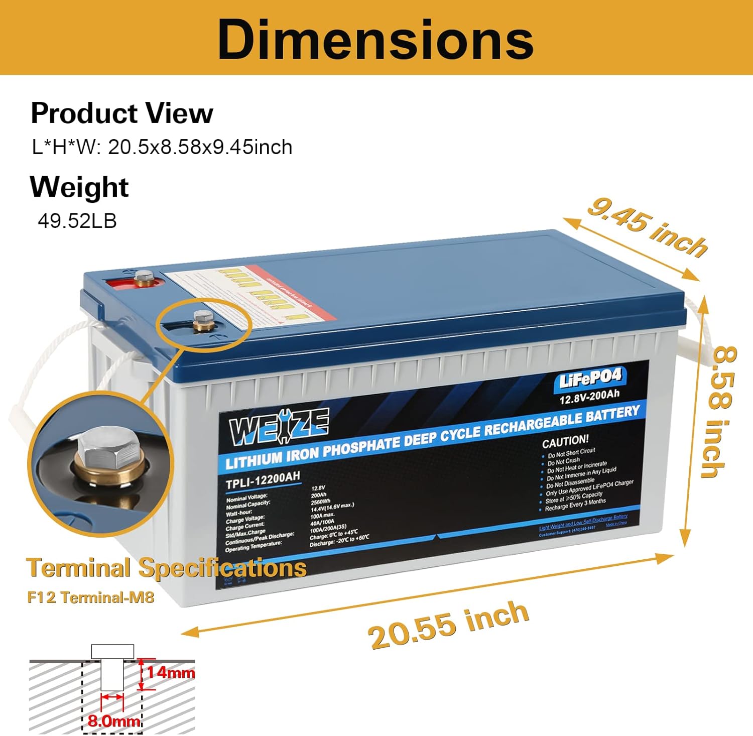 Weize 12V 200Ah LiFePO4 Lithium Battery, Built-in Smart BMS, 8000+ Deep Cycles, Low Temperature Protection Rechargable Battery Perfect for RV, Solar, Marine, Overland/Van, and Off Grid Applications