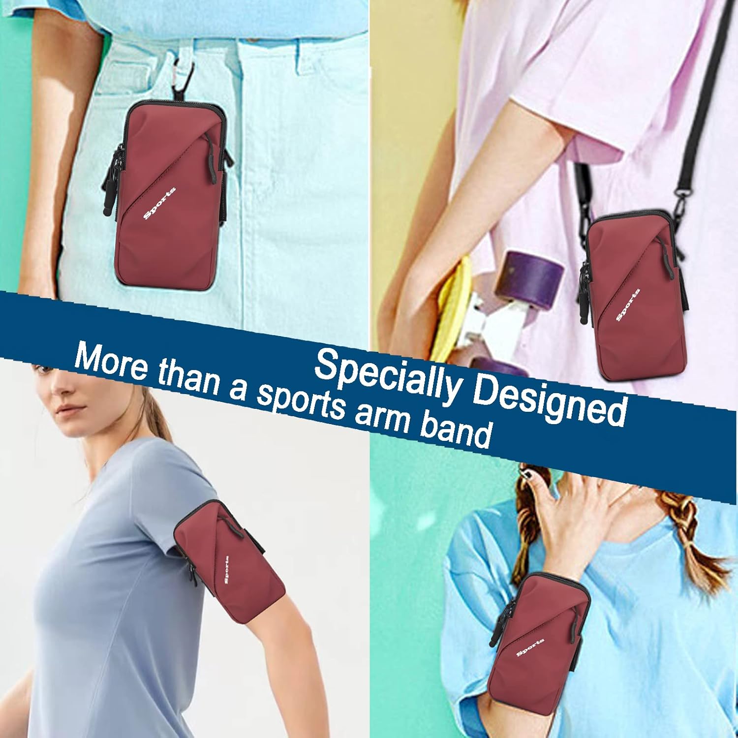 Cell Phone Holder Arm Band, Small Crossbody Shoulder Holsters Bag with Armband, Fits iPhone and All Cell Phones, Use for Running, Walking, Hiking & Biking (Plus Size,Red)