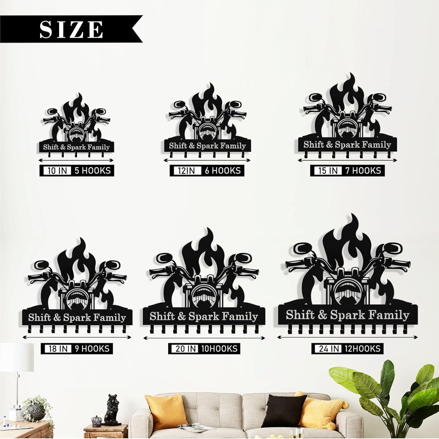 Personalized Flaming Motoclycle Key Holder Wall Mount, Custom Metal Key Rack Key Holder with name, Deer Cabin Wall Keys Hanger with Hooks for Entryway, Front Door, Hallway, Kitchen, Living Room