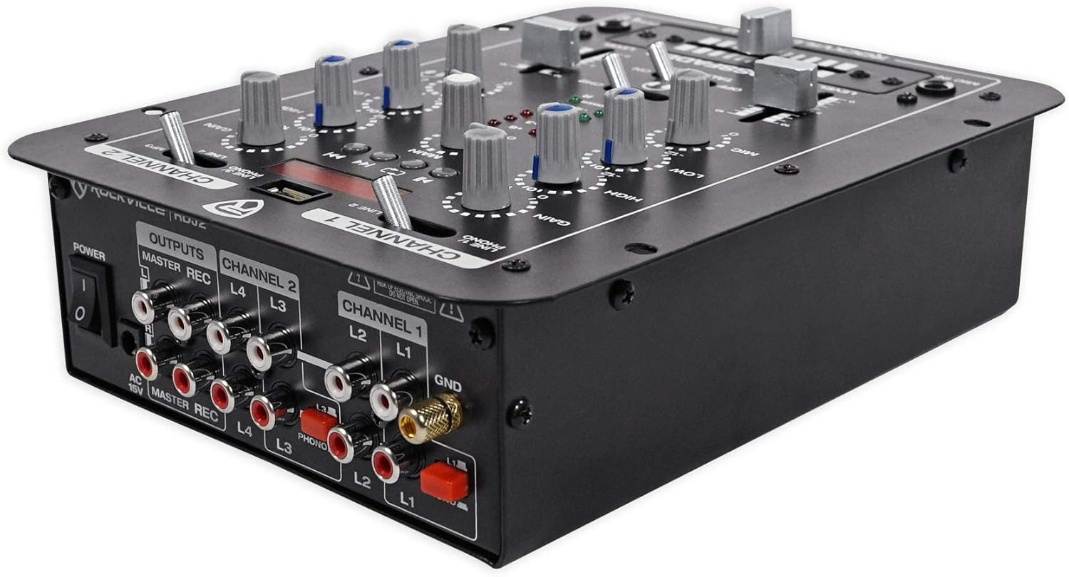 Rockville RDJ2 2-Channel DJ Mixer USB Playback, Cue Monitor, Talkover, 4 Line Inputs, Compact, Portable, for Beginner DJs and Small Events