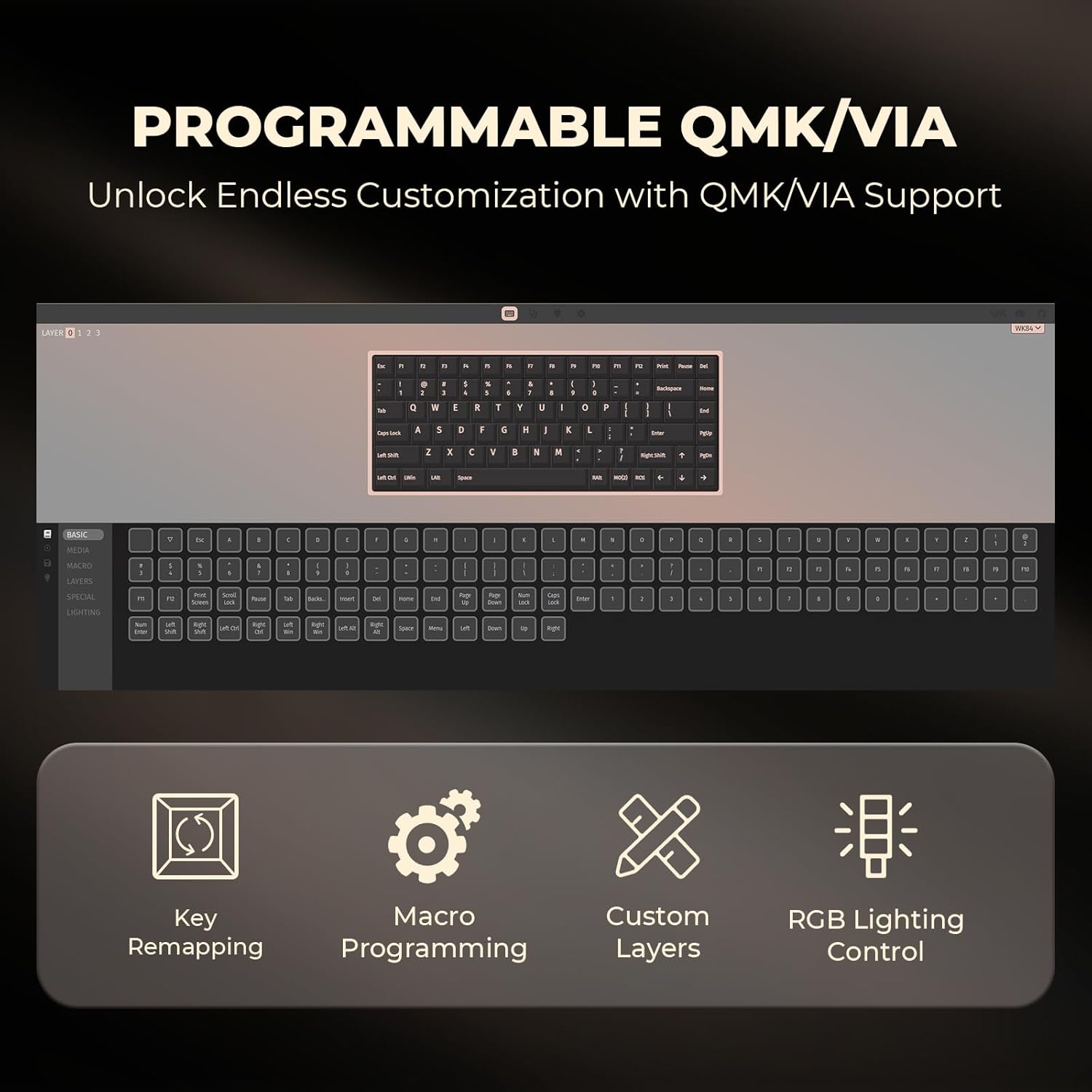 WK84 USB-C Wired Wooden Mechanical Keyboard, 75% Layout 84 Keys, RGB Backlit, Hot-Swappable Green Switches, QMK/VIA Programmable, for Gaming & Typing