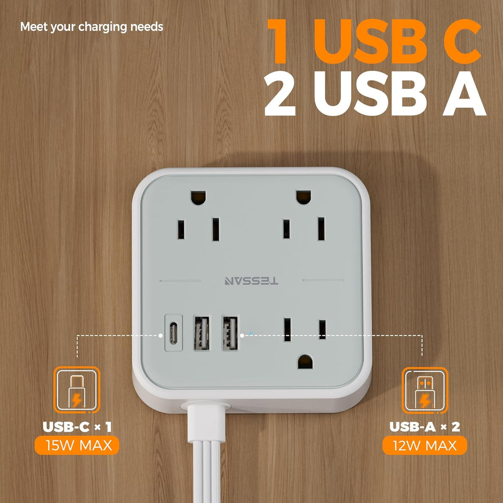 Cruise Essentials, TESSAN Flat Plug Travel Power Strip, Non Surge Protector for Cruise Ship, 3 Outlets 3 USB (1 USB C), 5 FT Extension Cord Small Power Strip with Ring Pull, Portable for Travel