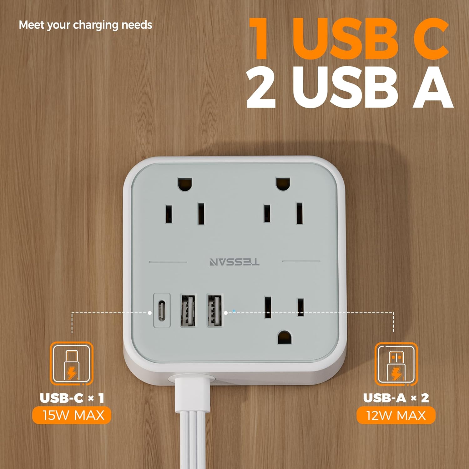 Cruise Essentials, TESSAN Flat Plug Travel Power Strip, Non Surge Protector for Cruise Ship, 3 Outlets 3 USB (1 USB C), 5 FT Extension Cord Small Power Strip with Ring Pull, Portable for Travel