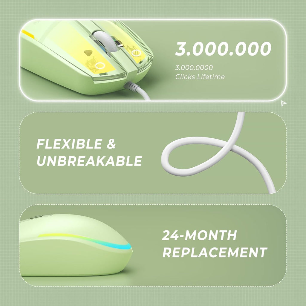 seenda Wired Mouse - USB Computer Mouse Wired with RGB Backlit Optical LED Mouse with Attached USB Cord for Laptops Notebooks Chromebook - Green