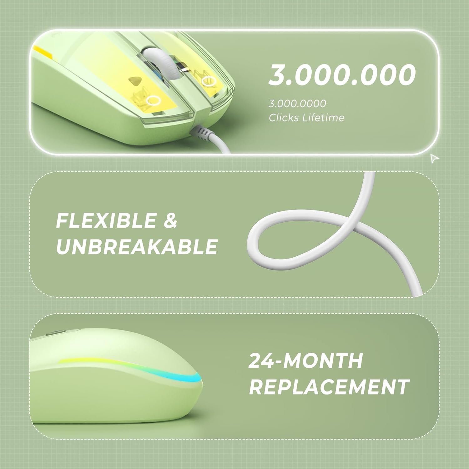 seenda Wired Mouse - USB Computer Mouse Wired with RGB Backlit Optical LED Mouse with Attached USB Cord for Laptops Notebooks Chromebook - Green