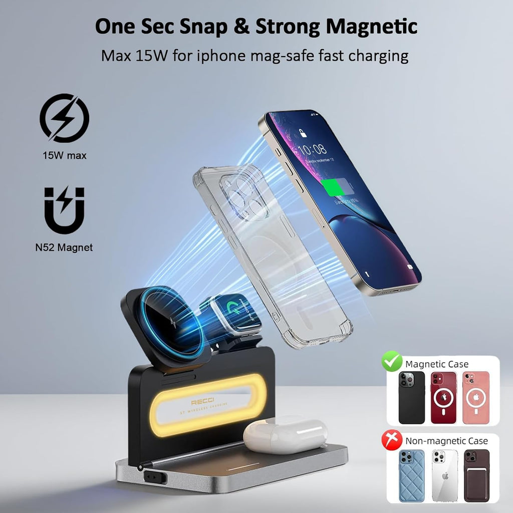 4-in-1 Wireless Charger with Adjustable Night Light, Magnetic Foldable Stand for iPhone 12-16/Apple Watch/AirPods, 15W Fast Charging Bedside Dock - Multi-Device Compatible