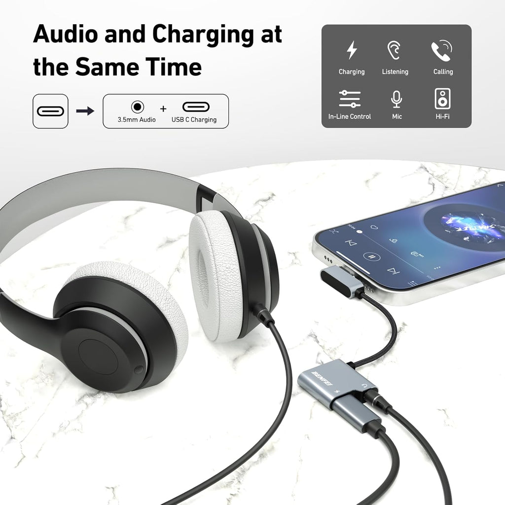 BENFEI USB C to Audio Jack Adapter with 60W Fast Charging, USB-C to 3.5mm Female Headphone Compatible with iPhone 15 Pro Max/15 Pro/15, Samsung Galaxy S24/S23/S22/S21 Ultra, iPad Pro, Pixel 8 Grey