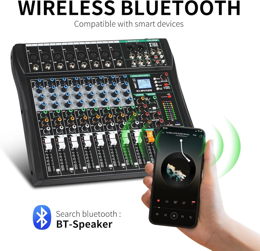 XTUGA 8 Channel Audio Mixer Sound Board Mixing Console, Audio Interface PC USB Bluetooth with 48V Phantom Digital Effect for DJ Live Recording Studio Karaoke(CT80)