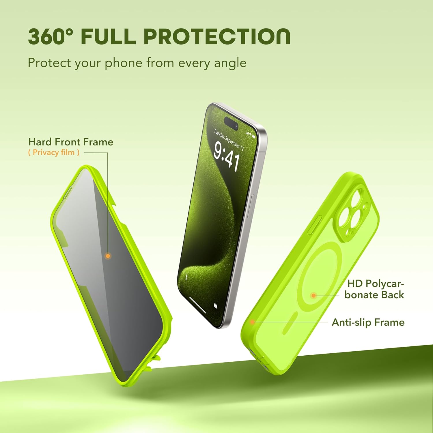 Magnetic for iPhone 15 Pro Max Case, Compatible with MagSafe, Built-in Privacy Screen Protector and Camera Protection, Anti Spy Full Body Dustproof Shockproof Hard Phone Case 6.7", Matte Green