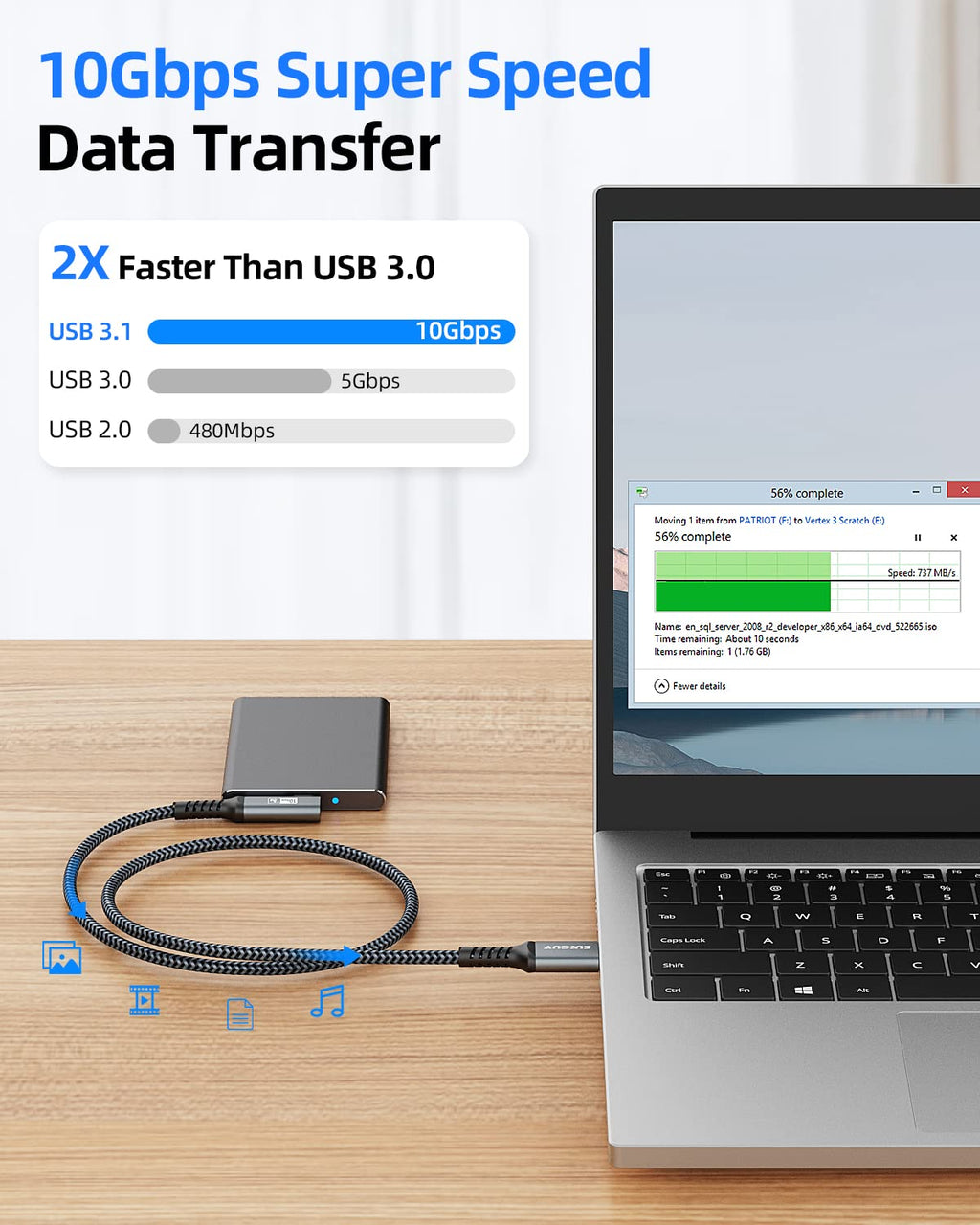 USB C 3.1 Gen 2 Cable, 0.5m USB A to C Nylon Braided 3A Fast Charge & Data Transfer 10Gbps Auto Type C Android Cable Compatible with Galaxy S21 S20 Note 20