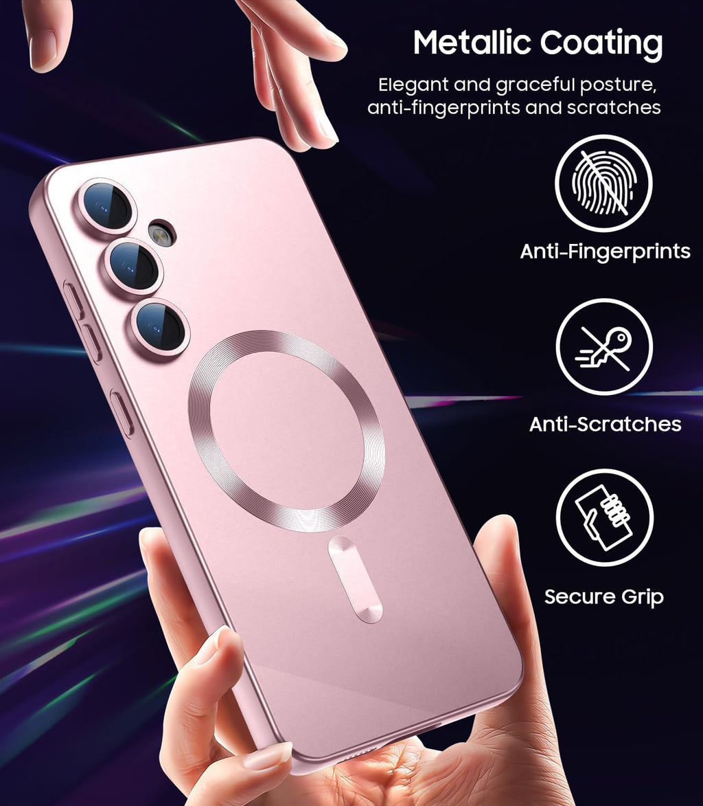 Magnetic for Samsung Galaxy S25 Plus Case [Compatible with MagSafe][Built-in Camera Lens Protector] Slim Soft Silicone Bumper Shockproof Metallic Luster Phone Shell (Rose Gold)
