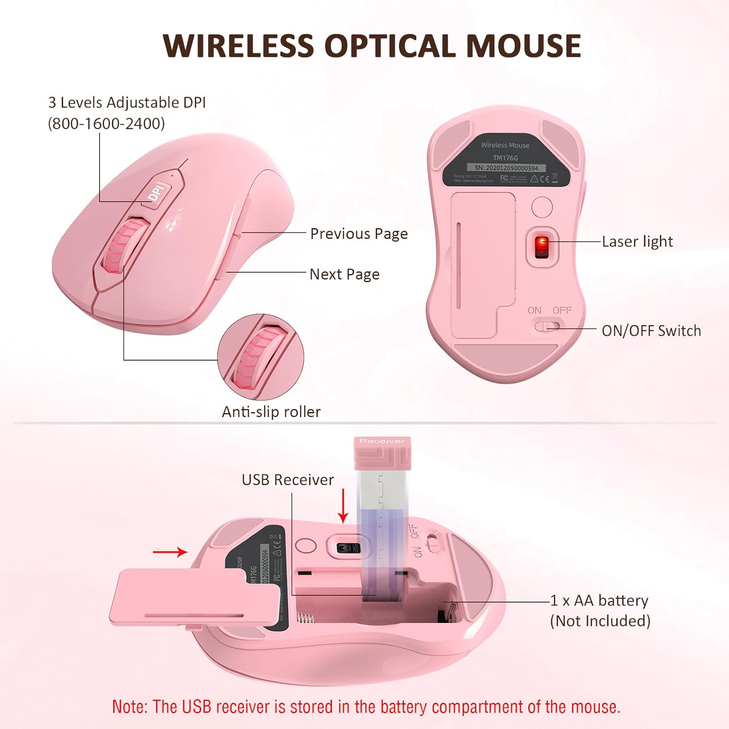 Wireless Keyboard and Mouse Combo, EDJO 2.4G Full-Sized Ergonomic Computer Keyboard with Wrist Rest and 3 Level DPI Adjustable Wireless Mouse for Windows, Mac OS Desktop/Laptop/PC (Pink)