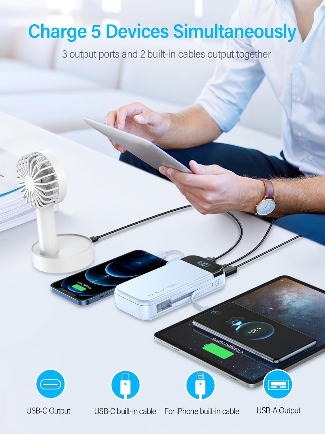 Portable Charger 32000mAh, 22.5W QC 3.0 PD 20W Smart LED Display Fast Charging Built in Cables Power Bank, External Battery Pack Charge 5 Devices Compatible with Cellphones (Blue)