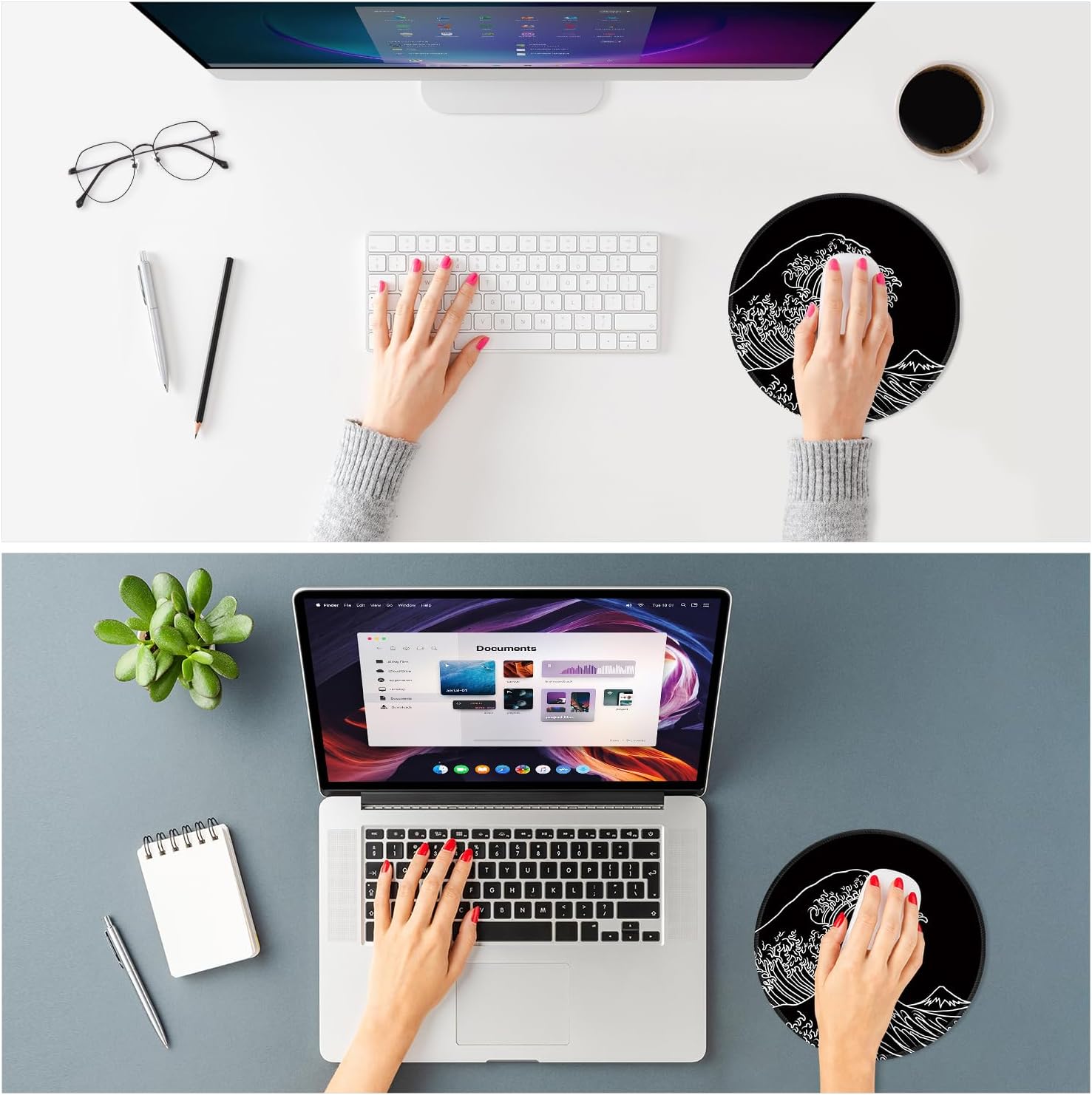 ITNRSIIET Mouse Pad Non-Slip Rubber Base Smooth Surface Stitched Edges Waterproof Durable Compatible with All Mice for Office & Gaming, Desk Accessory, Diameter 8.7 inch, Wave