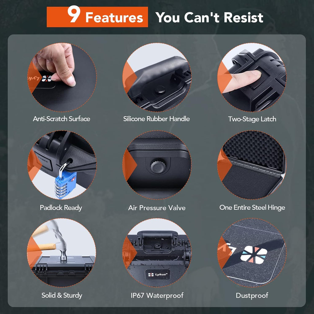 Lykus HC-4410 Waterproof Hard Case with Customizable Foam Insert, Interior Size 17.32x11.42x4.72 in, Suitable for up to 16" Laptop,Starlink Mini,Keyboard,Drill,Audio Mixer,Mic,Flashlight,and More