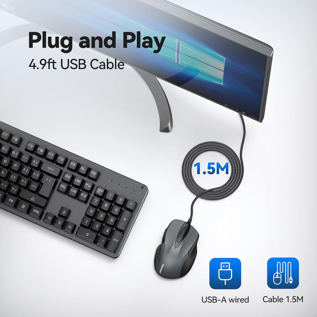 TECKNET USB Wired Mouse, 6-Button Corded Computer Mouse with 4 Adjustable DPI, Optical Computer Mice with Ergonomic Design and 5FT Cord for Laptop, Chromebook, PC, Desktop, Mac, Notebook-Gray