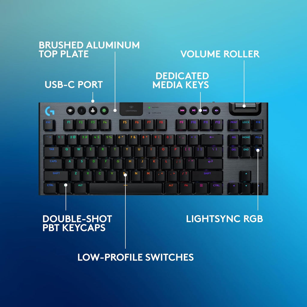 Logitech G915 X Lightspeed TKL Wireless Mechanical Gaming Keyboard, Double-Shot PBT Keycaps, Fully Programmable Keys, RGB Backlit Mac/PC Gaming Keyboards, Aluminum Finish, GL Tactile Switches, Black