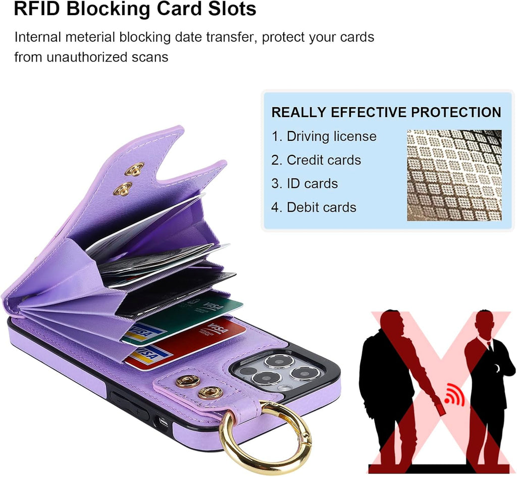 Folosu for iPhone 12/12 Pro Wallet Case with Card Holder, Hand Wrist Strap Loop Holder Kickstand, RFID Blocking Finger Grip Ring PU Leather Double Buttons Shockproof Cover 6.1" Purple