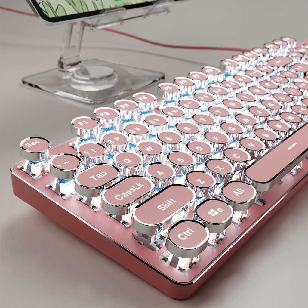 EWEADN TK100 Typewriter Keyboard Wired Mechanical Keyboard, 104 Keys Aesthetic Typewriter Keyboards with White Backlit, Anti-Ghosting, Blue Switch Wired Cute Keyboards-Pink