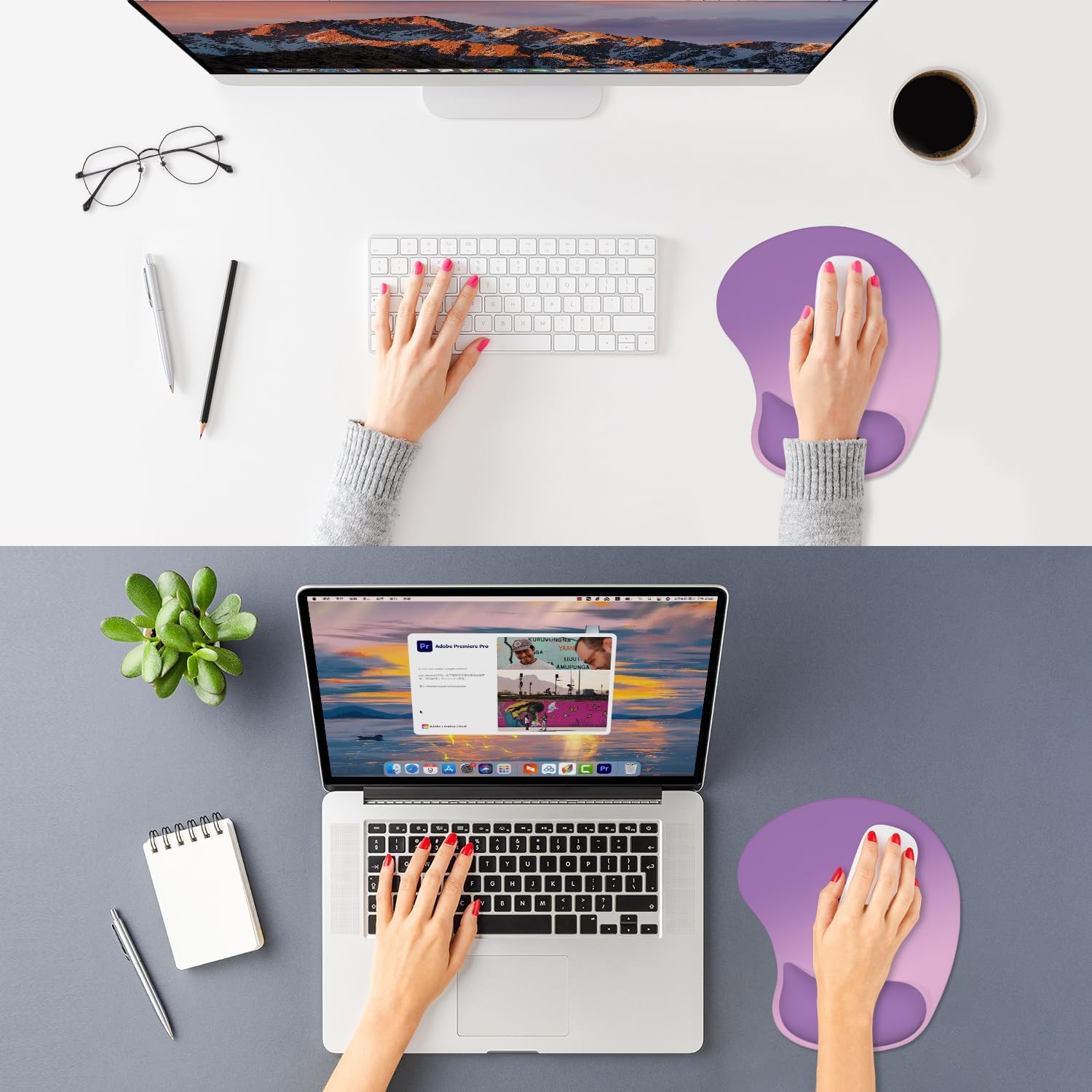 ITNRSIIET Ergonomic Mouse Pad, Cushioned Gel Wrist Rest, Non-Slip Base, Smooth Surface, Cute Multi-Color, 9.5 x 8.2 in, Purple Pink Gradient