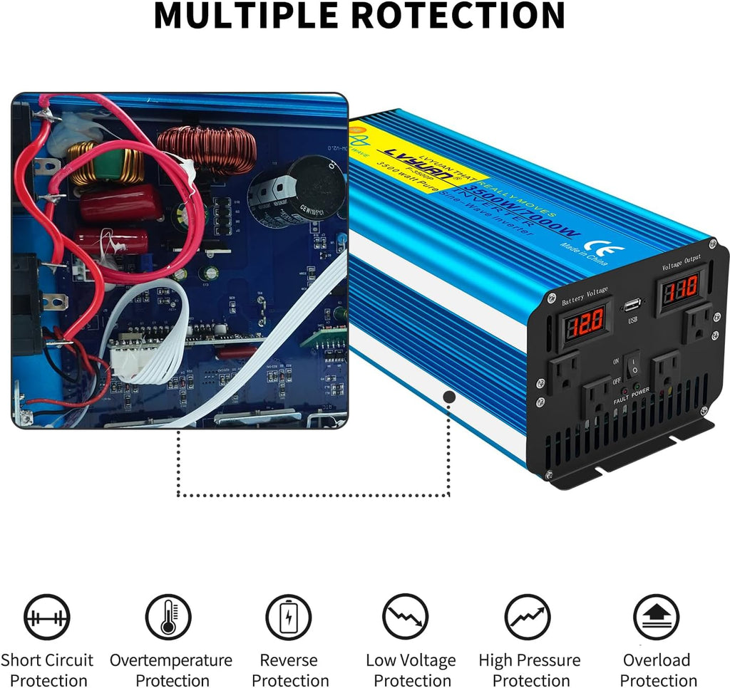 Yinleader 3500 Watt Pure Sine Wave Power Inverter 12V DC to 110V/120V AC Converter for Family RV Camping Boat Emergency/4 AC Outlets and LCD Display, Remote Controller